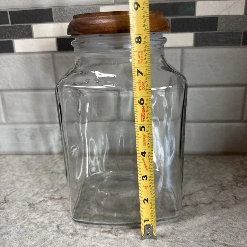 Vtg Glass 3 Canister Set Blue Heart Wood Top Counter Rack Farmhouse Kitchen